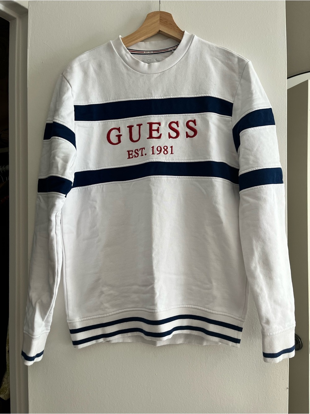 GUESS White Crewneck Sweatshirt with Navy Stripes and Red Logo